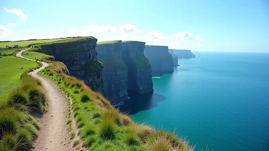 Dramatic Irish coastal cliffs with walking path, ocean waves, and green hillside