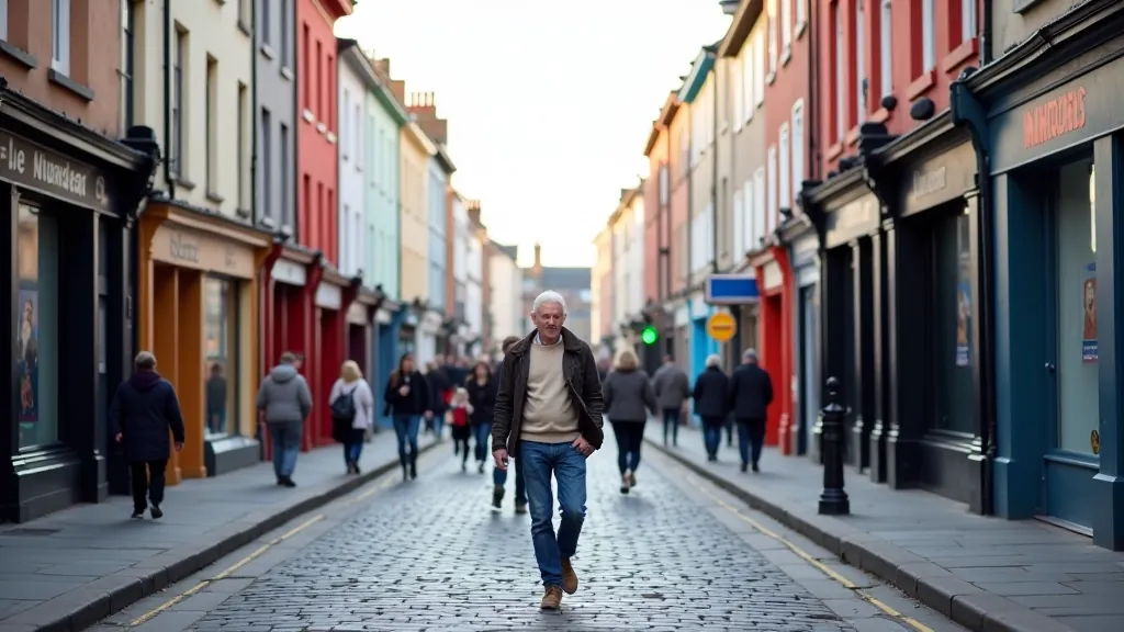 Historic cobblestone street in Dublin Temple Bar area, colorful building facades, people walking past traditional storefronts