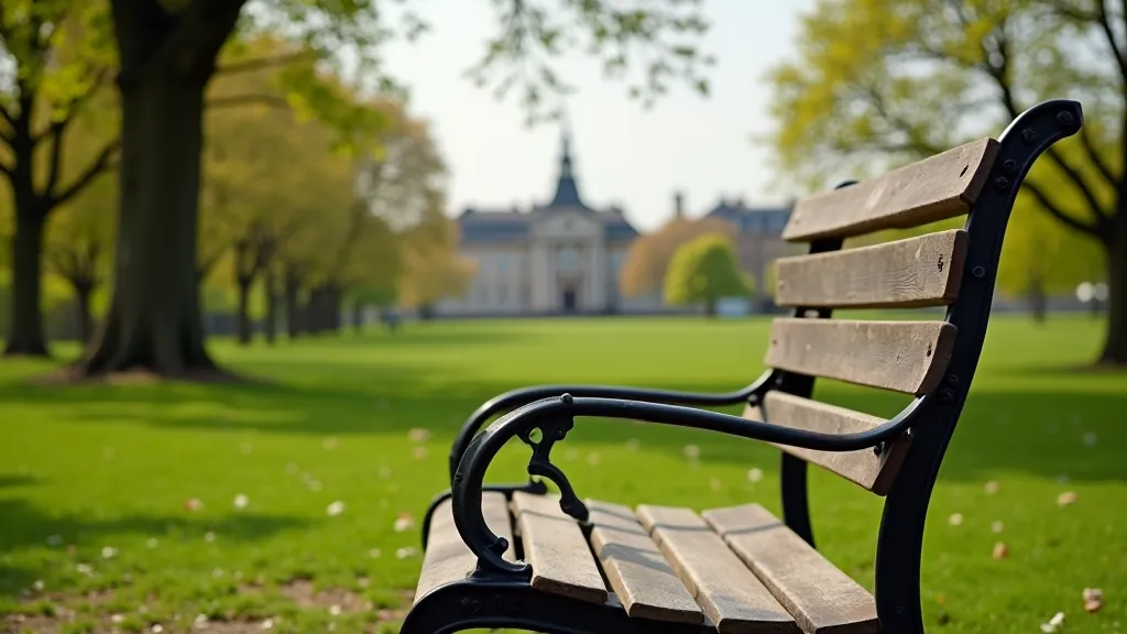 Bench overlooking Dublin city square, trees nearby, peaceful outdoor seating area