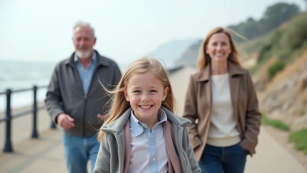 Family of three generations walking together on paved promenade in Cork, seaside background, smiling and relaxed