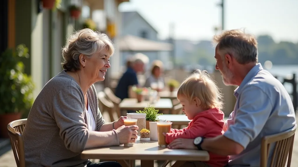 Family with young children at outdoor café on Cork promenade, relaxed seating, sunny day, natural lifestyle photography