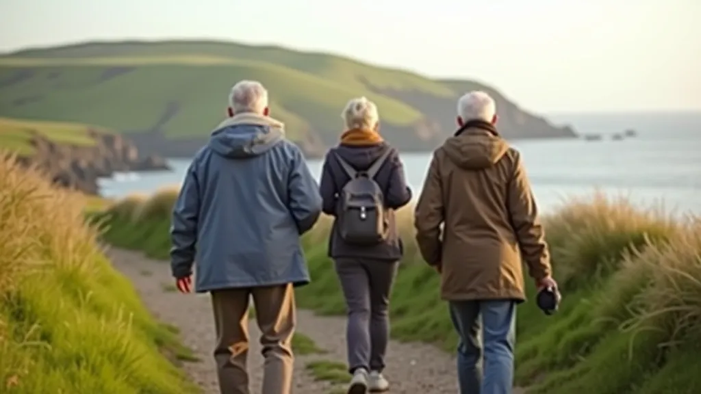 Walking group on coastal path enjoying seaside views