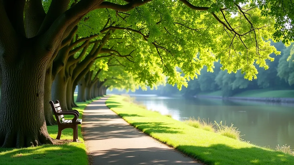 Peaceful riverside scene with smooth water, overhanging willow trees creating natural shade, park bench in distance