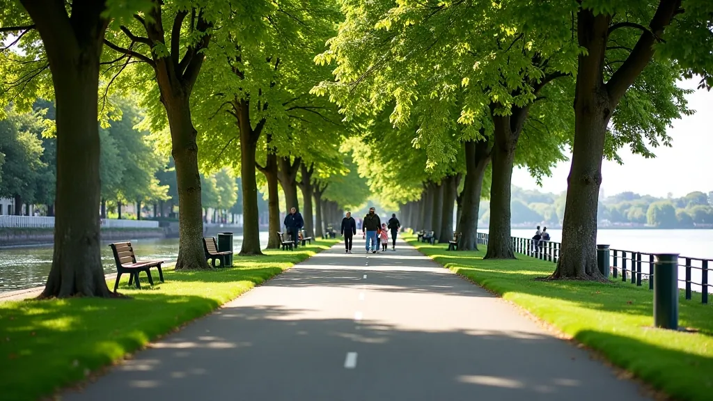 River Lee promenade in Cork with walking path, trees lining the route, benches visible, people walking, water on one side, peaceful daytime atmosphere