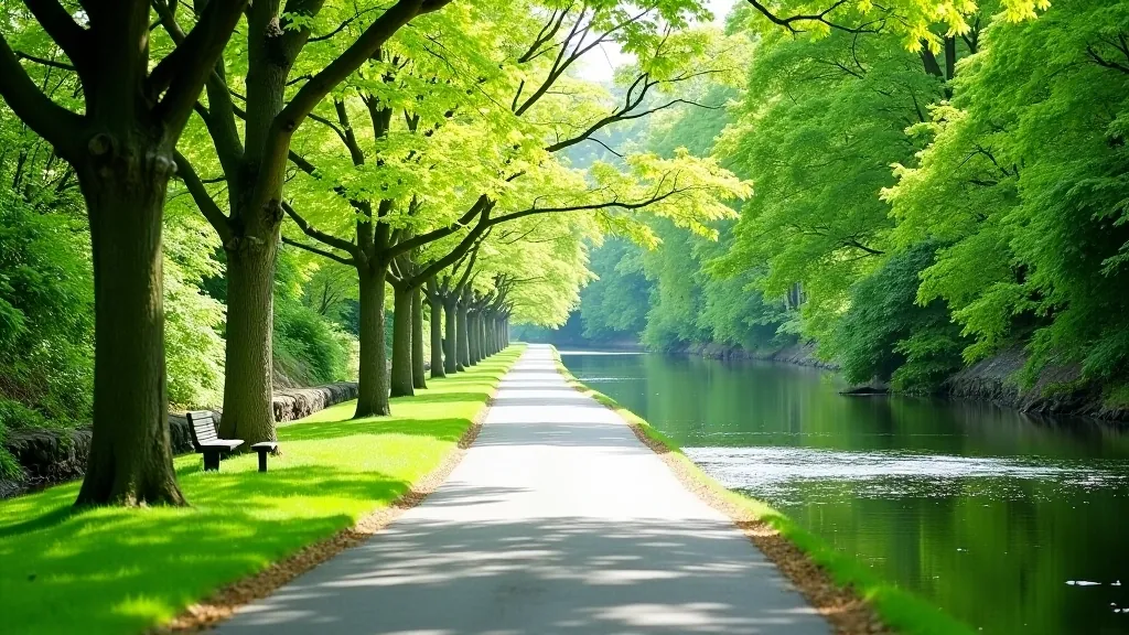 River Shannon waterfront with tree-lined path, calm water reflections, benches positioned along walkway