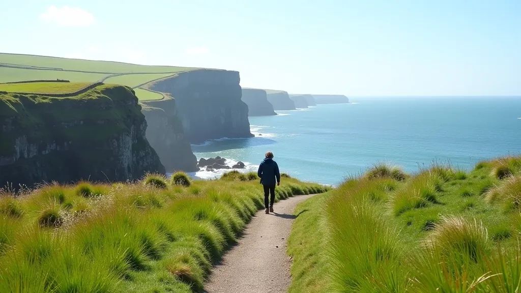 Scenic coastal path along Irish cliffs with blue ocean and green hillsides in the distance