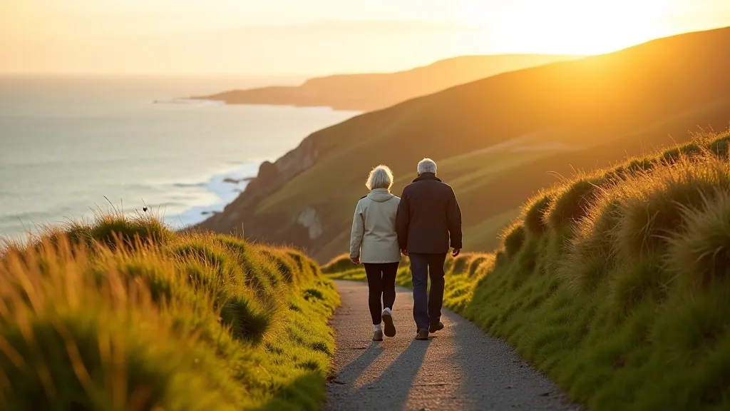 Seniors enjoying a leisurely walk on an accessible Irish coastal path with scenic ocean views