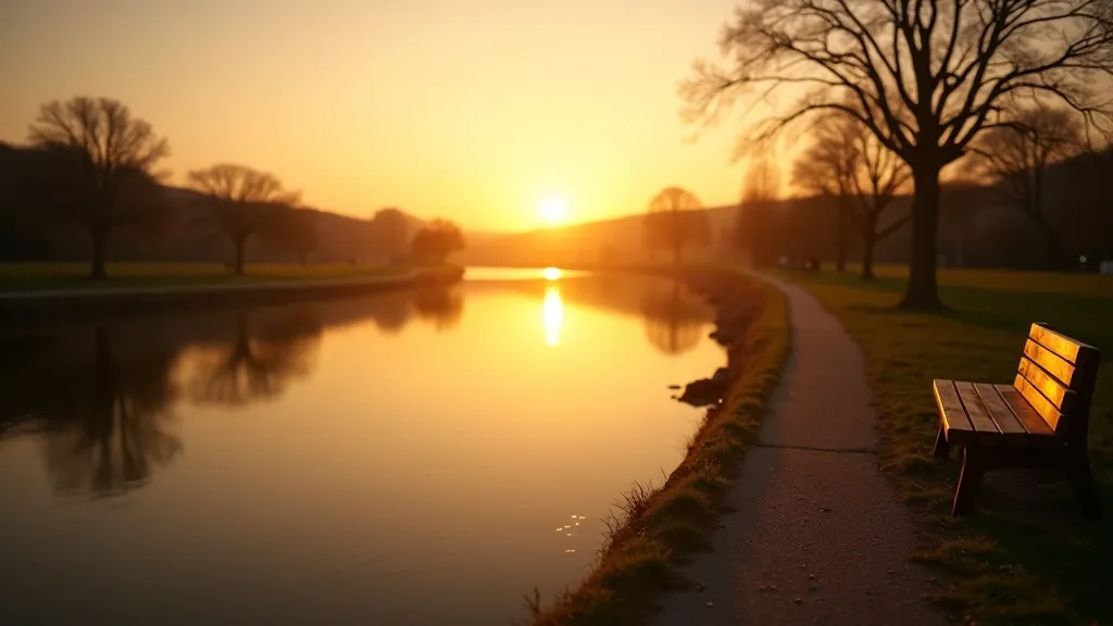 Serene riverside scene at golden hour, warm sunset light reflecting on calm water, peaceful walking path