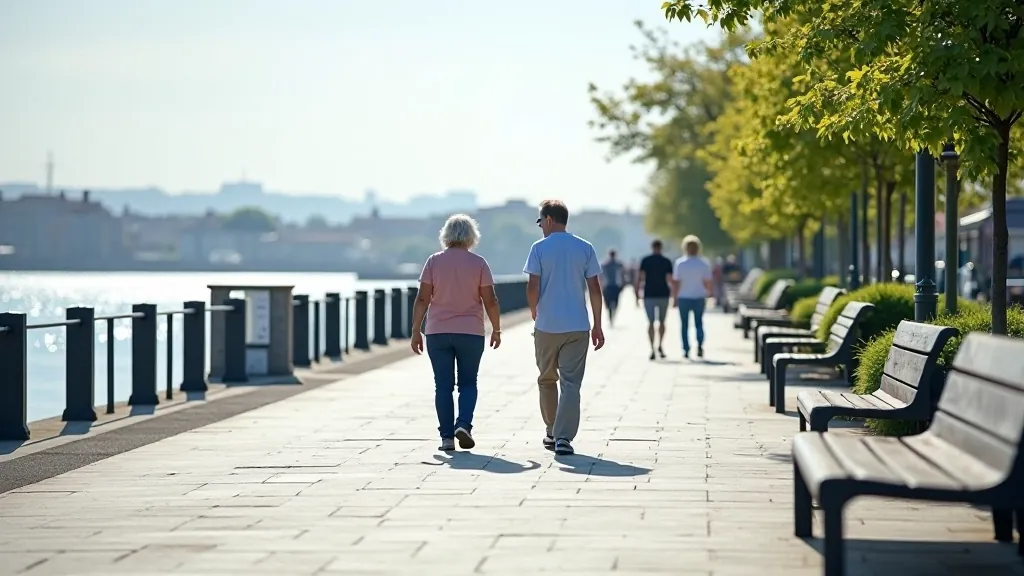 Wide paved promenade in Cork with benches and railings, families walking, calm water visible, bright daylight, professional outdoor photography