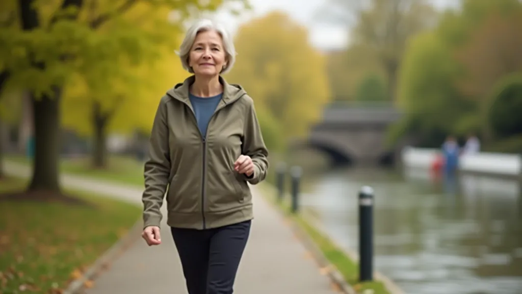 Older woman walking along Dublin riverside path on sunny afternoon, green trees reflected in water
